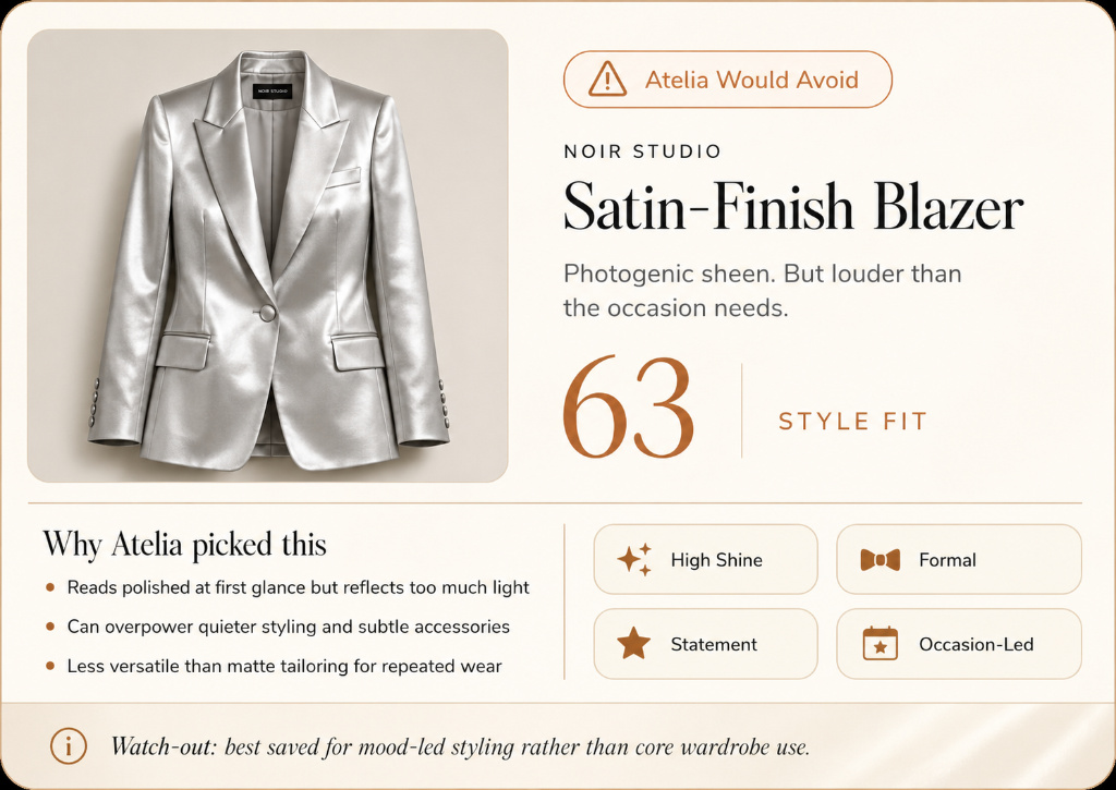 NOIR STUDIO Satin Finish Blazer. Style fit 63. Atelia would avoid.