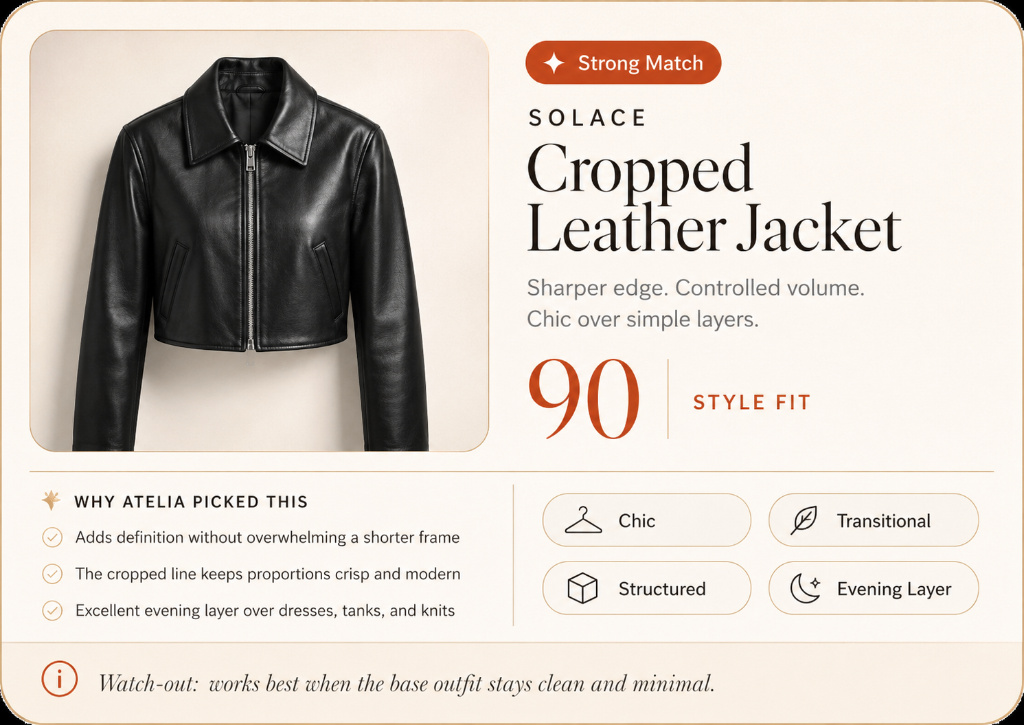 SOLACE Cropped Leather Jacket. Style fit 90. Strong match.