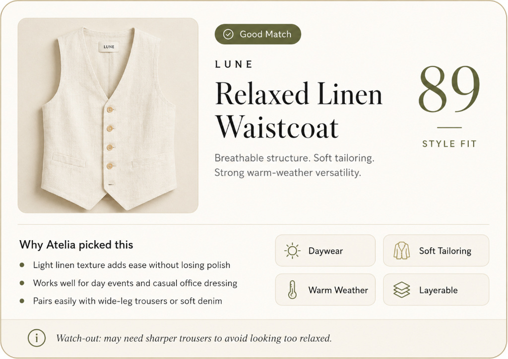 LUNE Relaxed Linen Waistcoat. Style fit 89. Good match.