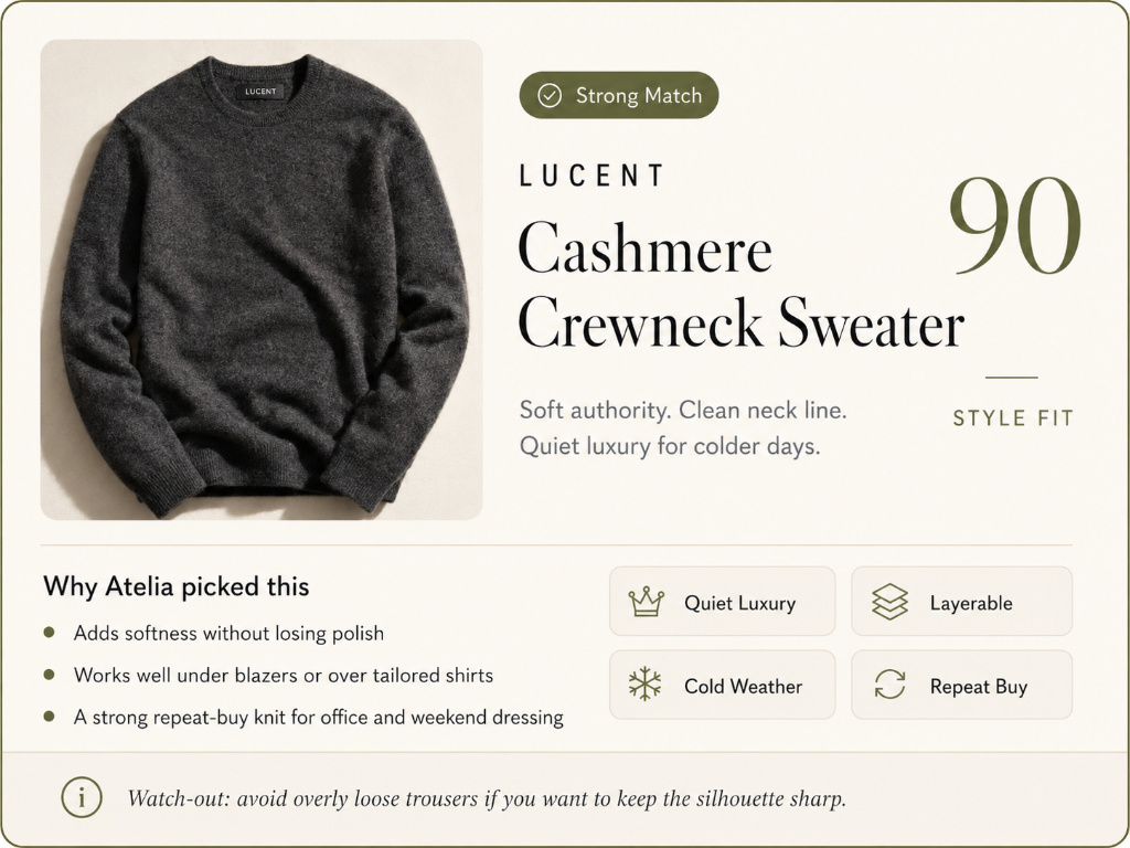 LUCENT Cashmere Crewneck Sweater. Style fit 90. Strong match.